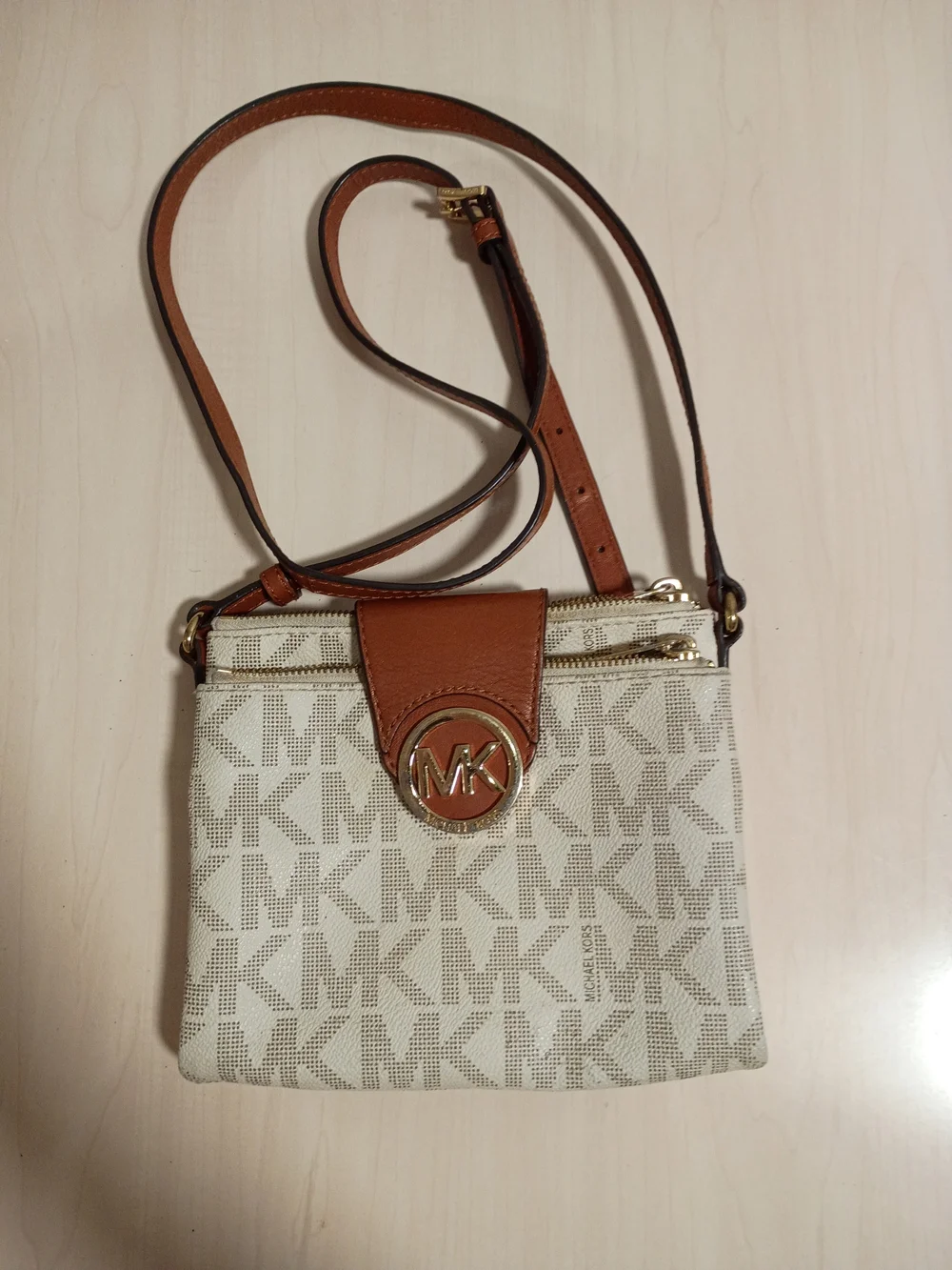 Michael Kors Beige & Brown MK Logo Crossbody Bag
